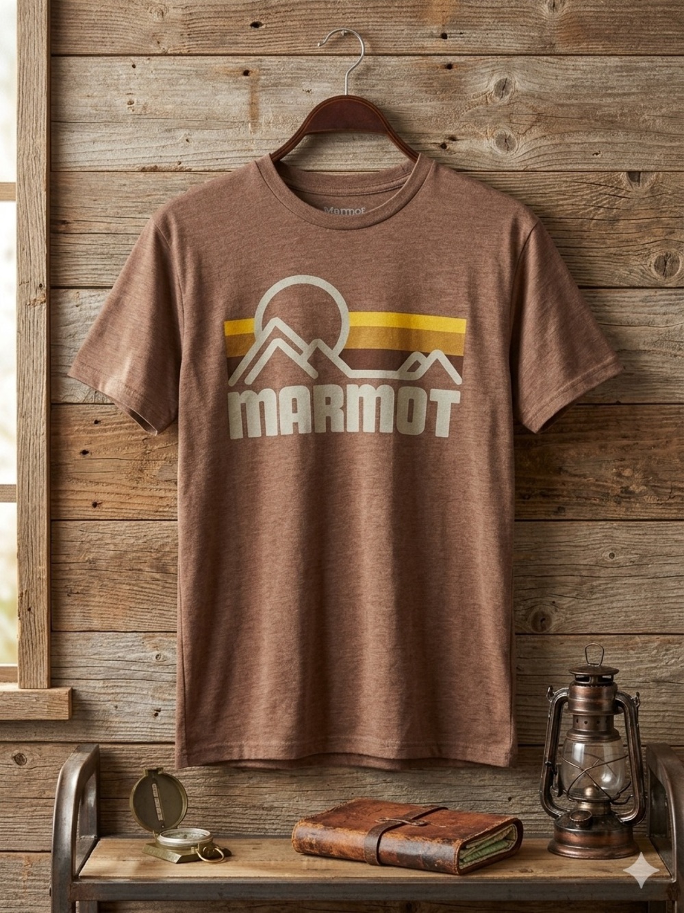 Marmot Brown Tee with Retro Yellow Stripe and White Logo